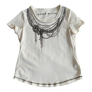 Karen Millen T-Shirt Mixed Media with Chain Detail Off White Stretch Size M (10)